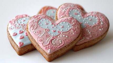 Four heart-shaped cookies decorated with pink and blue frosting and pearl sprinkles.