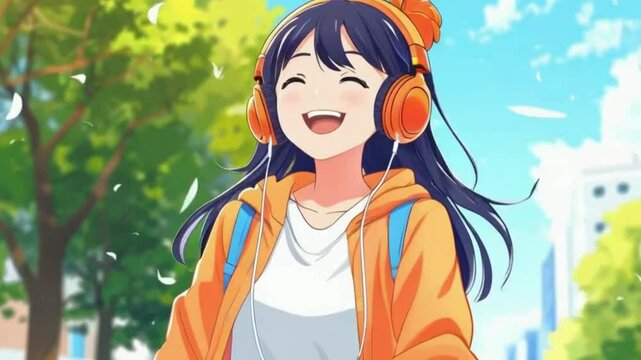 girl in the park with headphones 
