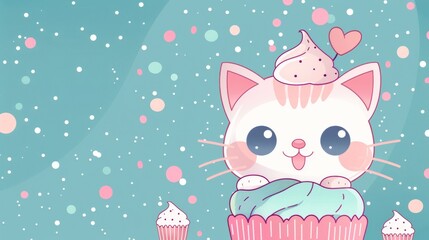 Cartoon cat face with a cupcake, sweet treat background
