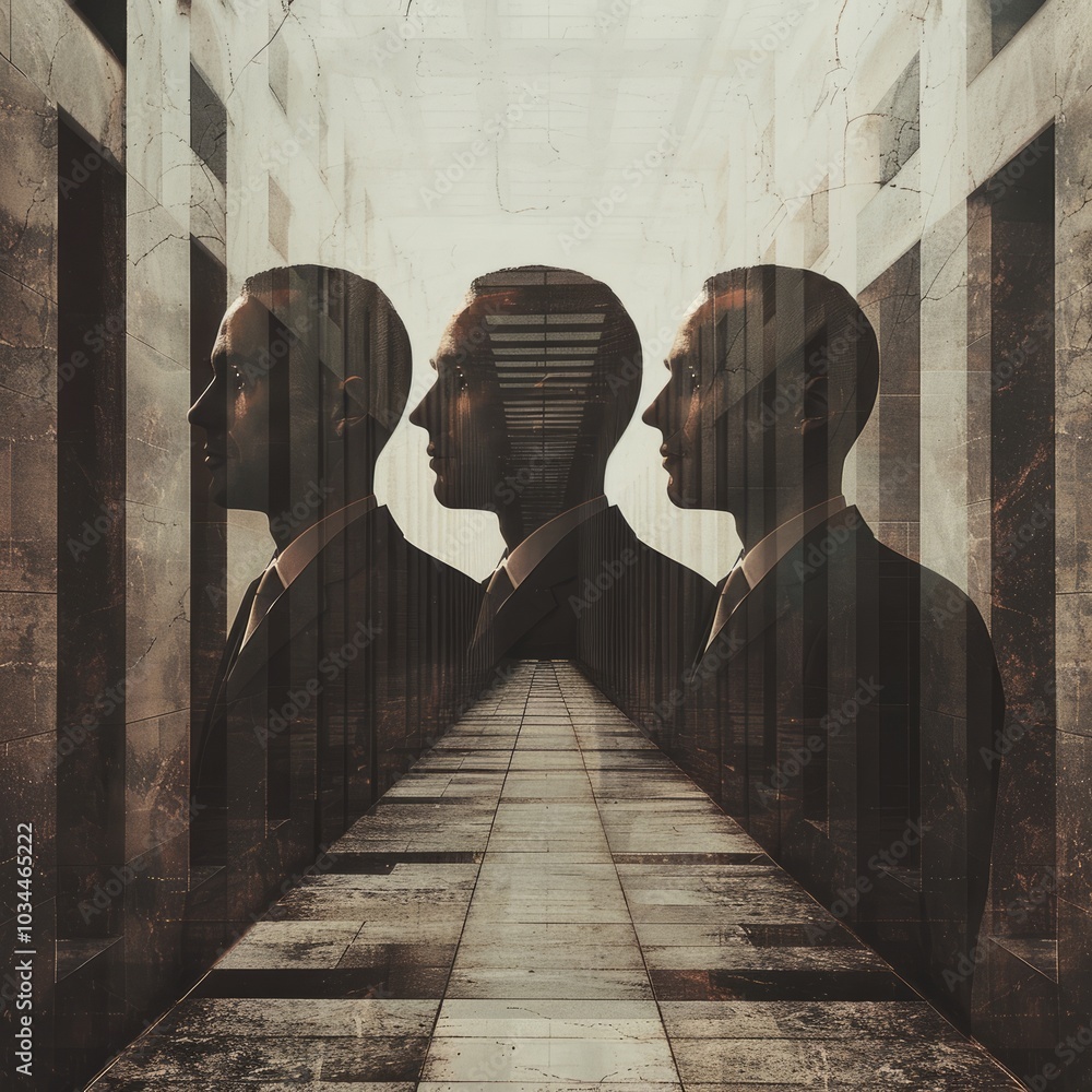 Poster surreal conceptual art of three silhouetted figures in a geometric corridor with abstract reflection