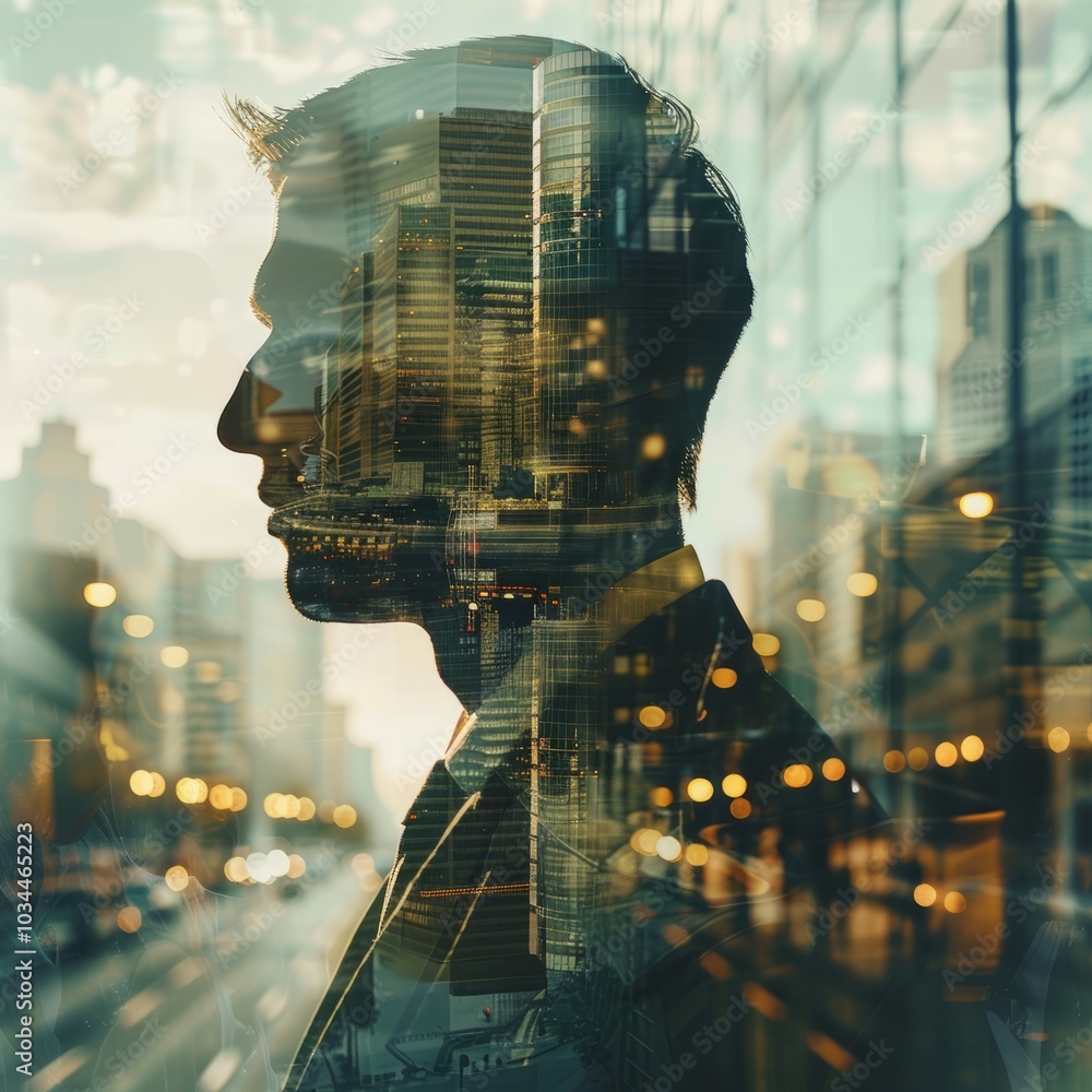 Poster a surreal multiple exposure photograph creating a visually stunning representation of a businessman'