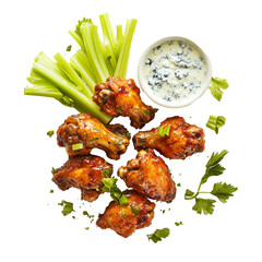 Spicy buffalo chicken wings with fresh celery sticks and blue cheese dressing, isolated on a transparent background