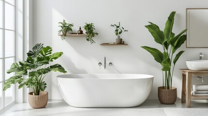 Fototapeta premium White wall, minimalist bathroom style and interior décor for residences, hotels, and workplaces