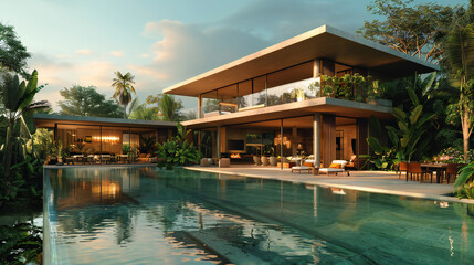Fototapeta premium Luxury Modern Villa at Sunset