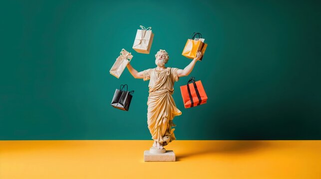 Classical statue balancing multiple shopping bags in surreal minimalist concept against colorful backdrop