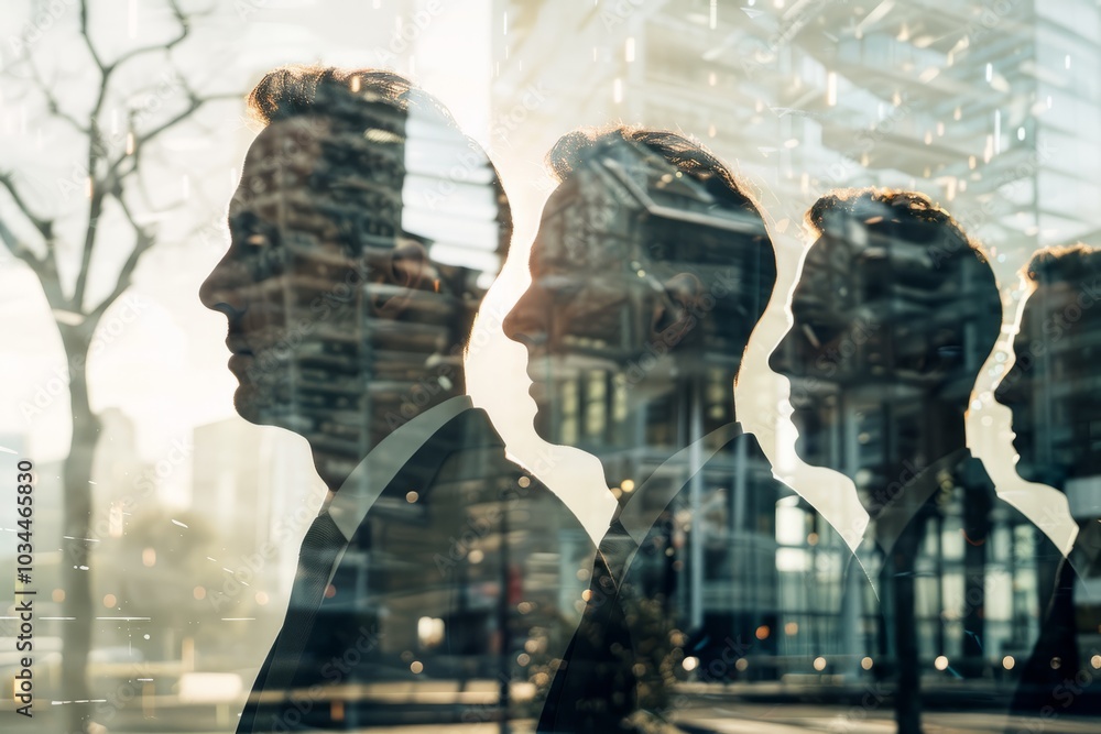 Poster a visually stunning multiple exposure photograph portraying the complexity and depth of a businessma