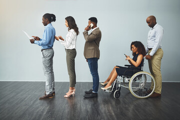 Business people, interview and line with tech, inclusion and recruitment for hiring. Wheelchair,...