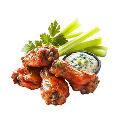 Spicy buffalo chicken wings with fresh celery sticks and blue cheese dressing, isolated on a transparent background