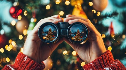 Hands holding binoculars reflecting Christmas trees, festive lights and holiday decorations
