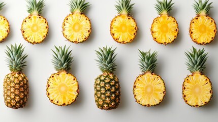 Collection of whole pineapples and pineapple slices, isolated on a white background, emphasizing their tropical appeal