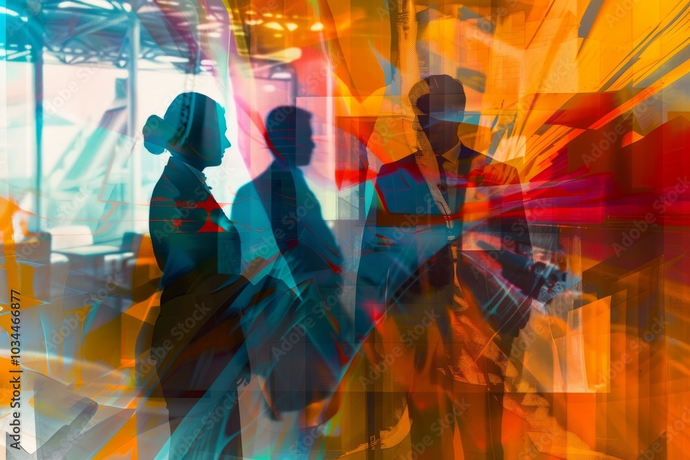 Poster an abstract composition featuring corporate team members with a digitally created environment.