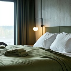 a bed with a green comforter and pillows