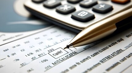 A silver pen resting on a financial document with a calculator in the background.