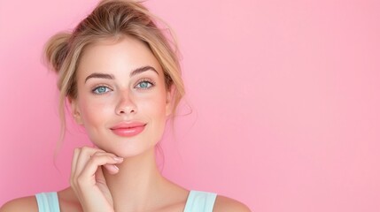 Smiling young woman with blonde hair, blue eyes, natural makeup, wearing a mint tank top, bright pink background, minimalist beauty portrait, skincare focus, copy space.

