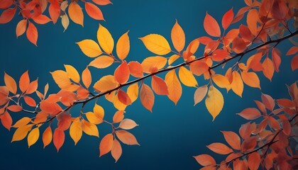 autumnal branch with Different Type of  leaves in watercolor style isolated on white or transparent doodle pattern