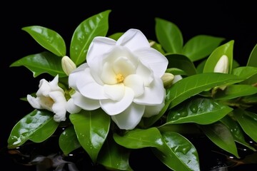Obraz premium Delicate cape jasmine flowers display their exquisite white petals and yellow center surrounded by glossy green leaves in a striking contrast
