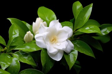 Obraz premium Cape jasmine flowers showcase their stunning white petals and glossy green leaves in a serene garden adding beauty to the warm afternoon
