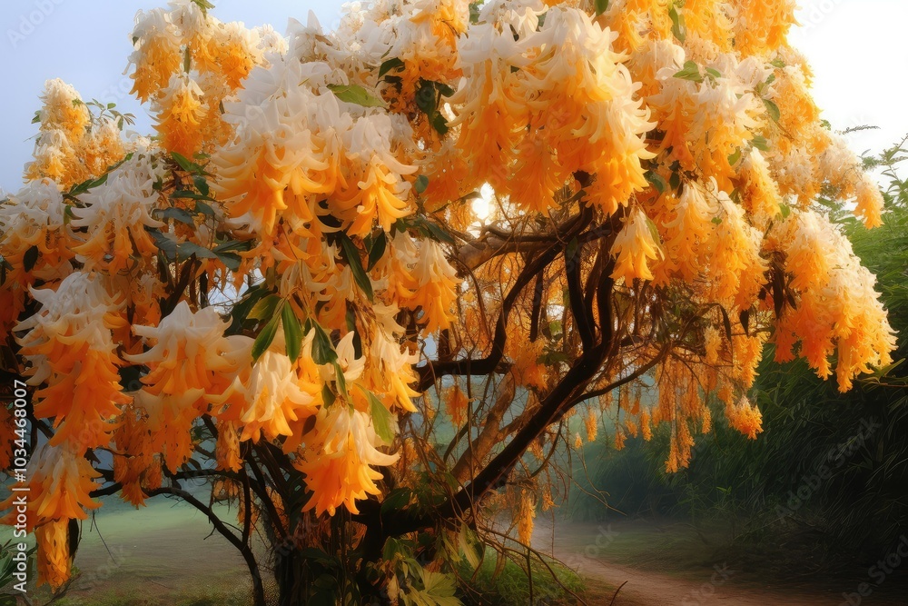 Poster golden blossoms of cassia fistula cascade from branches creating a stunning display in the gentle mo