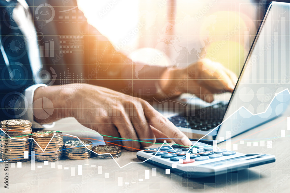 Poster data analysis for business and finance concept. interface showing future computer technology of prof