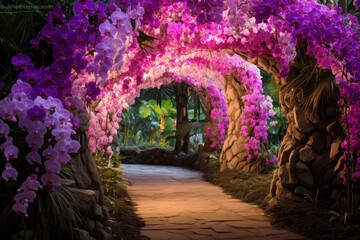 Naklejka premium A stunning walkway adorned with colorful orchids creates an enchanting atmosphere inviting visitors to explore the lush beauty of the park