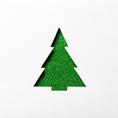 Obraz premium Christmas tree with green glitter, cut out on a white background. Christmas card. Mockup for festive advertising and greetings. 
