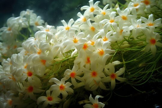 Night jasmine sheuli flowers display their beauty with white petals and orange centers filling the air with a sweet fragrance in the cool dusk