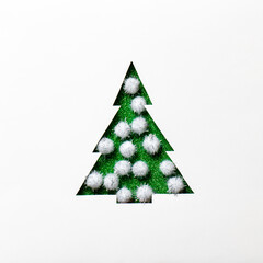 Christmas tree with green glitter, cut out on a white background. Christmas card. Mockup for festive advertising and greetings. 