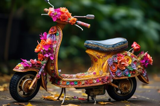 A vibrant scooty is adorned with colorful flowers capturing attention with its artistic design amidst lush greenery in a sunny outdoor location