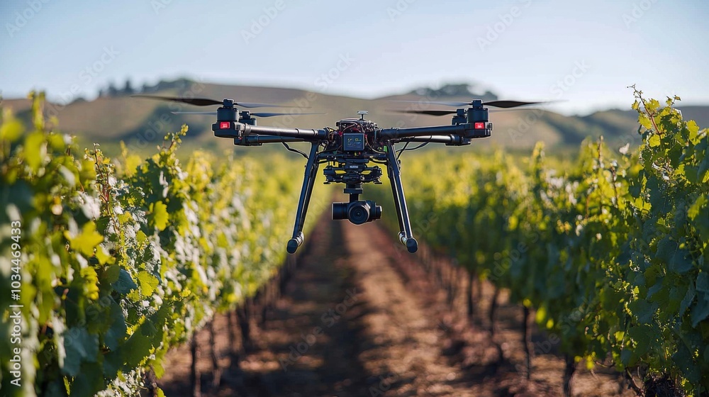 Poster a drone hovers above rows of grapevines in a vineyard at sunrise, capturing detailed images of the c