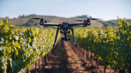 A drone hovers above rows of grapevines in a vineyard at sunrise, capturing detailed images of the crops. This technology enhances agricultural monitoring and management.