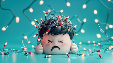 Frustrated character tangled in Christmas lights, holiday stress concept, cute 3D illustration