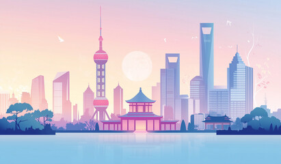 Obraz premium Minimalist Cityscape with Iconic Landmark and Soft Lighting, generative ai