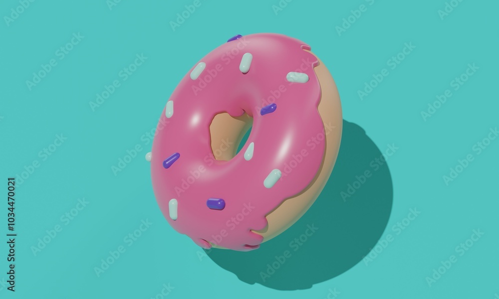 Poster pink glazed donut with colorful sprinkles on a turquoise background with shadow. 3d rendering