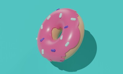 Pink glazed donut with colorful sprinkles on a turquoise background with shadow. 3d rendering 