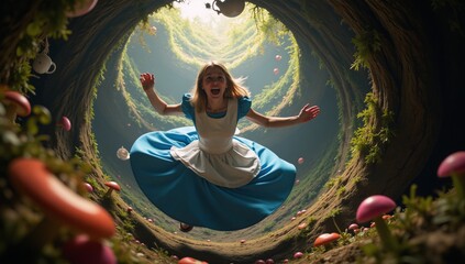 Alice tumbles through Wonderland with colorful whimsical surroundings highlighting her entrance to the fantastical realm
