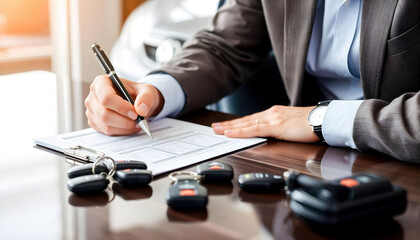 A man diligently signing car insurance documents or lease papers, reflecting the process of securing a vehicle, emphasizing the importance of legal agreements and responsible ownership