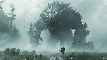 Epic fantasy setting with a brave warrior facing a colossal scaled creature in a dense, misty forest