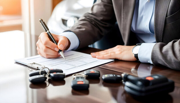 A man diligently signing car insurance documents or lease papers, reflecting the process of securing a vehicle, emphasizing the importance of legal agreements and responsible ownership
