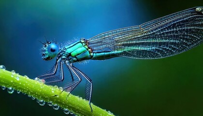 The damselfly has a slender, metallic green body with large compound eyes that wrap around