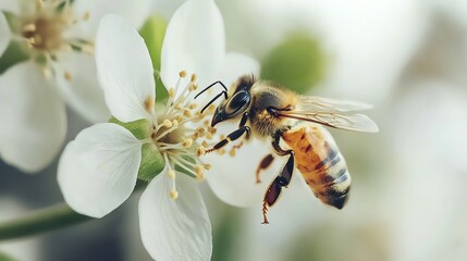 Bee collecting nectar on white flowers in natural setting.