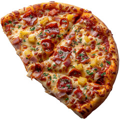 Half a cheese and chicken pizza slice, isolated on a transparent background, top down view, perfect for menus