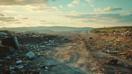 Vast landfill with scattered waste under a cloudy sky at sunset.