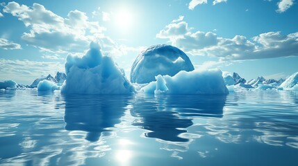 Fototapeta premium Icebergs floating in calm ocean waters under a bright sunlit sky.