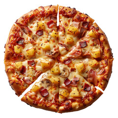 Whole cheese and chicken pizza on a baking tray, isolated on a transparent background, overhead shot