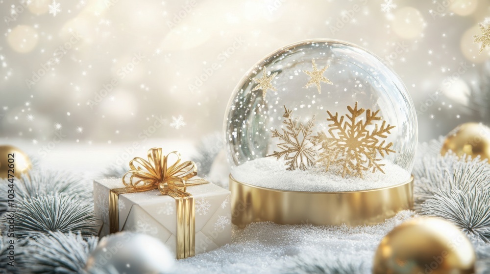 Poster a snow globe with a gold snowflake inside sits on a snowy surface. beside it is a gift wrapped in wh