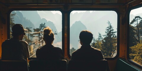 Individuals in silhouette enjoying a scenic train journey through the rugged mountains, the clickety-clack of the tracks adding a soothing rhythm to the journey.