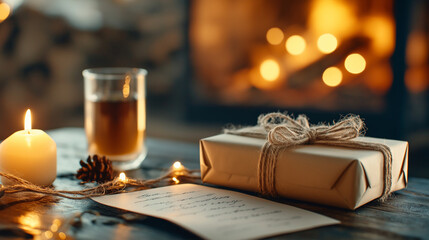 A cozy scene by the fireplace, with a carefully wrapped gift box and a handwritten letter addressed to a loved one – A warm image of thoughtfulness and love, capturing the joy of p