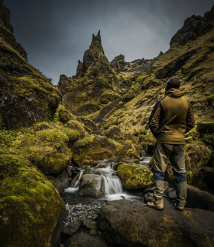 Hiker in the mountains of Iceland