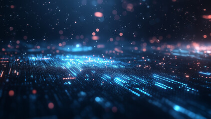 A close-up of digital data flowing on the screen, with blue and purple lights creating an abstract background.