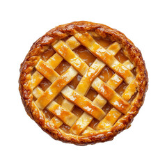 Overhead view of a whole traditional apple pie with a golden brown crust, isolated on a white background